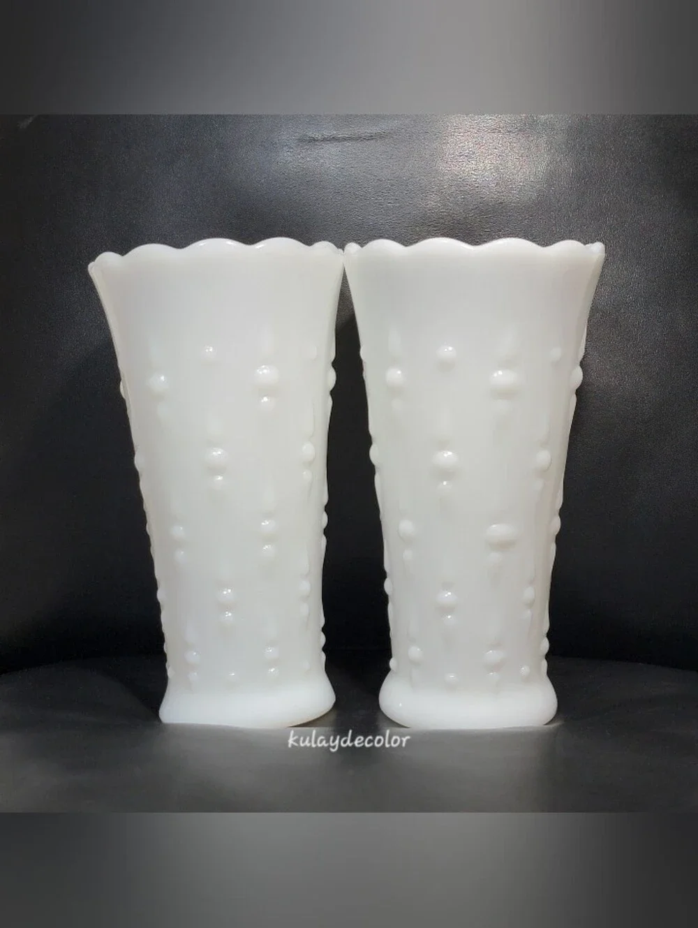 Vintage Milk Glass Tears & Pearls Scalloped Vases Pair White Bud Vases